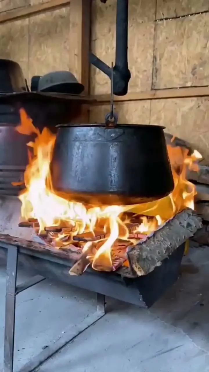Snimak riblje čorbe koja se krčka u kotliću nad vatrom